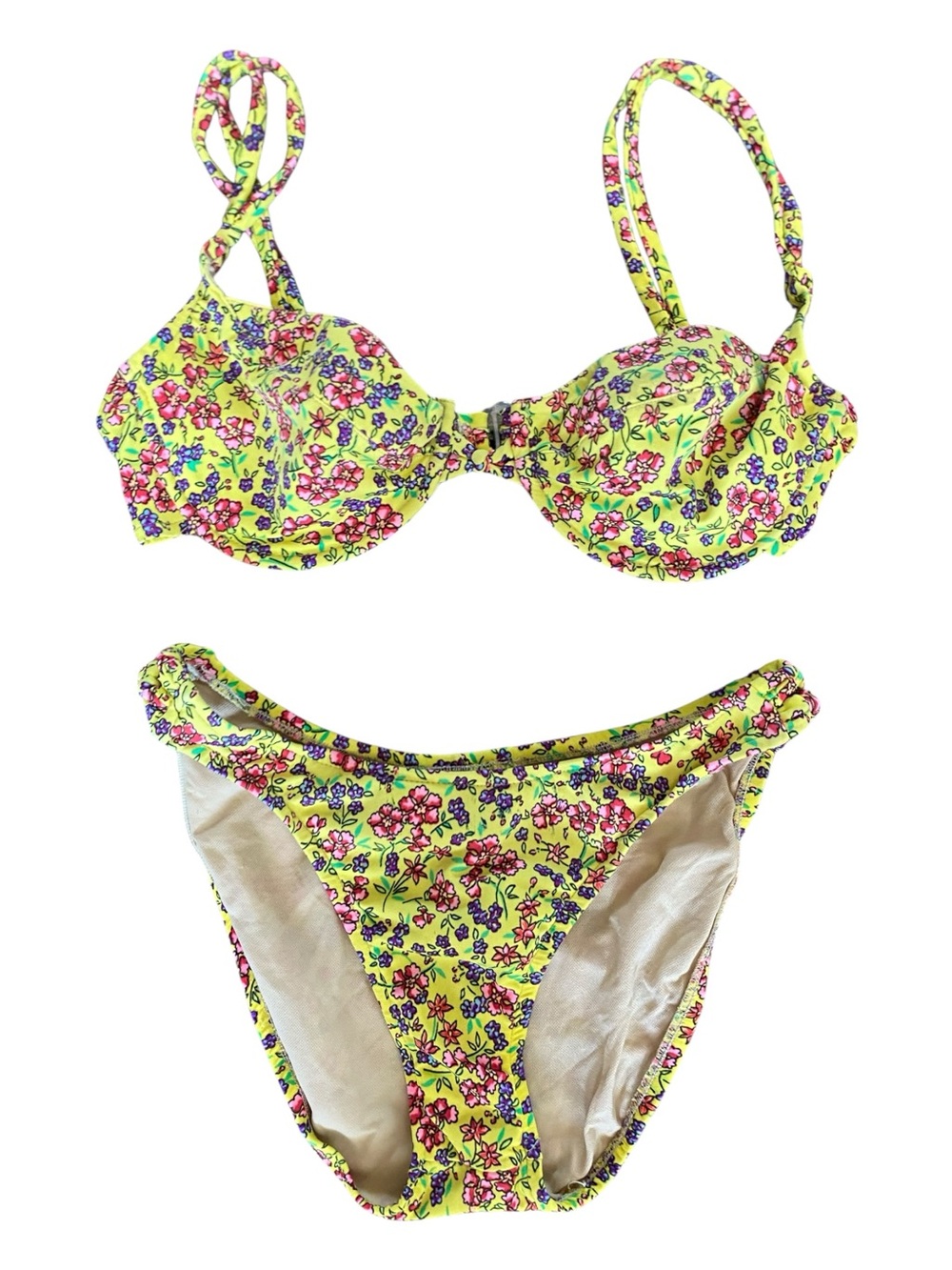 Ujena Womens Vintage 90s High Leg Bikini Set Yellow Floral Beach